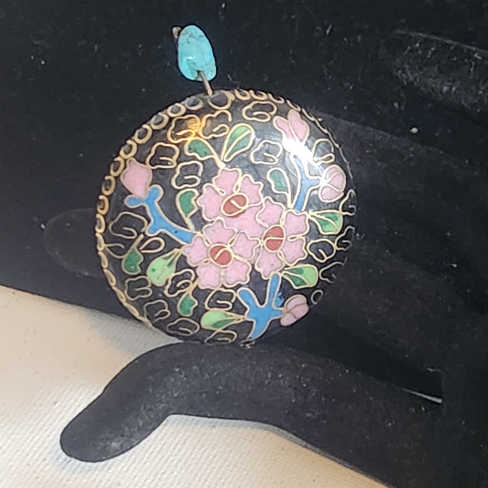 Vintage Cloisonne Enamel Floral Pendant Black Pink Gold Tone Turquoise Bead 1.5"